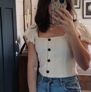 Zara White Linen Square Neck Blouse